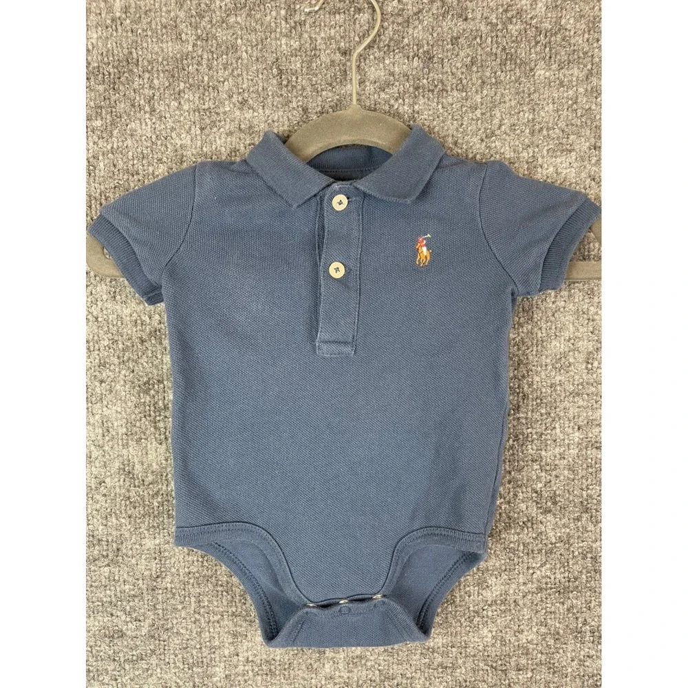 Ralph Lauren Polo Bodysuit Baby 3M Blue Short Sleeve Pique Pony